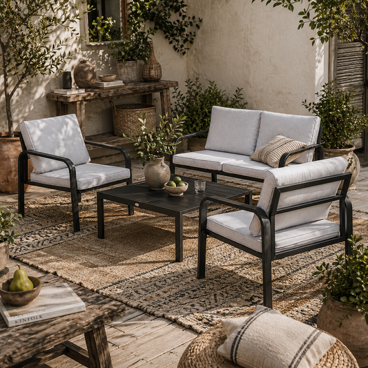 Salela 4 Seater Light Grey Garden Sofa Set with Sofa 2 Armchairs and Coffee Table Black Aluminium Frame