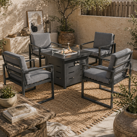 Mira 4 Seater Grey Aluminium Garden Furniture Set with Gas Fire Pit Table