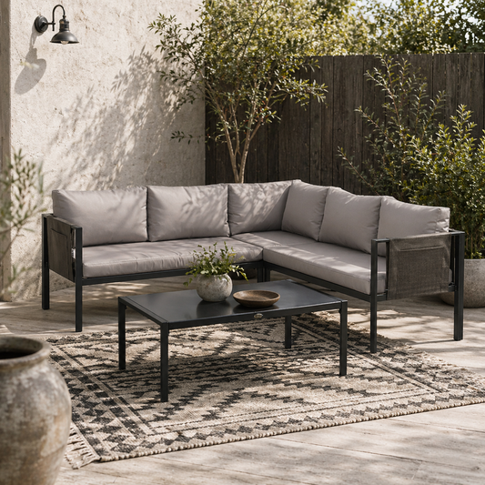 Sera 5 Seater Light Grey Garden Corner Sofa Set L Shape with Glass Top Coffee Table
