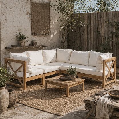 Mokeni 5 Seater Natural Wood Frame Outdoor Garden Seating Set with White Cushions