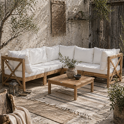 Mokeni 5 Seater Natural Wood Frame Outdoor Garden Seating Set with White Cushions