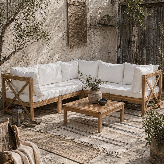Mokeni 5 Seater Natural Wood Frame Outdoor Garden Seating Set with White Cushions