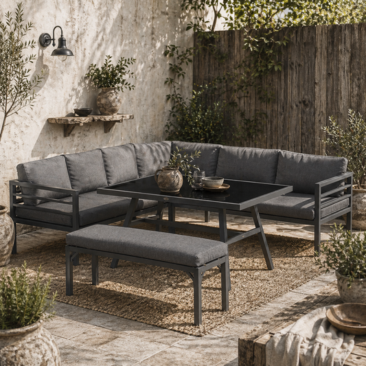 Rovama 8 Seater L-Shaped Garden Furniture Set with Glass Coffee Table and Bench