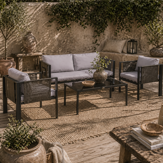 Vafa 4 Seater Brown Rattan Rope Garden Furniture Set woth Tempered Glass Coffee Table Sofa and 2 Armchairs