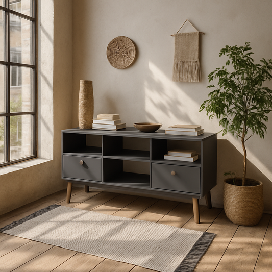Quietbloom Dark Grey Wooden TV Media Unit 2 Drawers Open Shelves