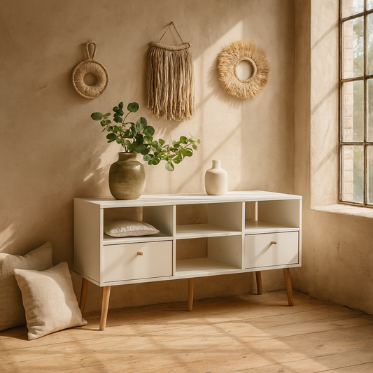 Quietbloom White Wooden TV Unit 2 Drawers Open Shelves