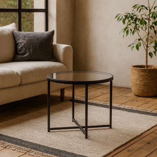 Oakfern Round Black Metal Side Table Grey Glass Top