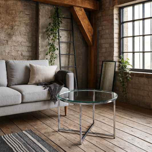 Oakfern Round Silver Metal Side Table Glass Top