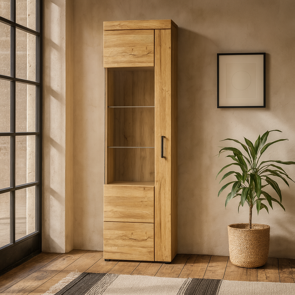 Cortina Tall Glazed Display Cabinet (LH) in Grandson Oak