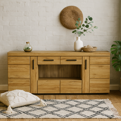 Larkwood 6 Door Wide Glazed Grandson Oak Wood Sideboard