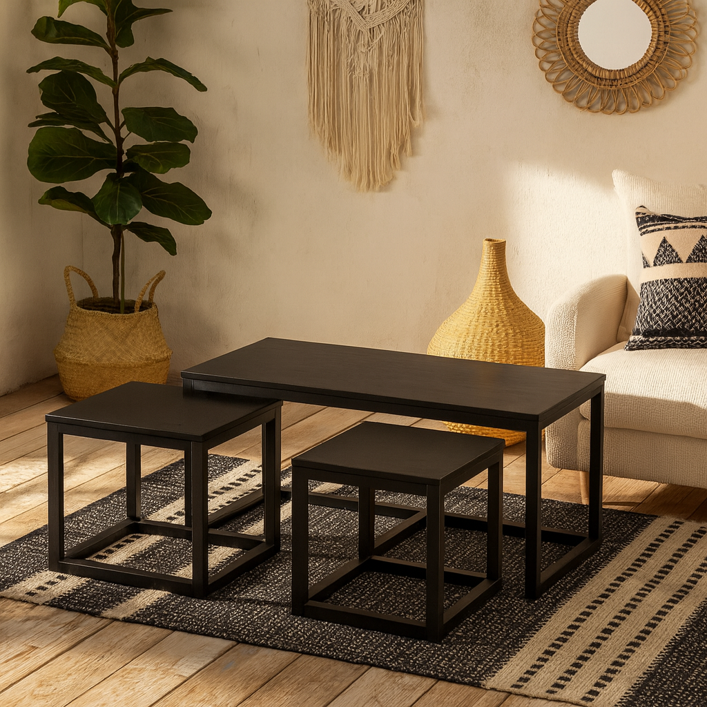 Meadowbloom Square Coffee Table Set in Matt Black Set of 3