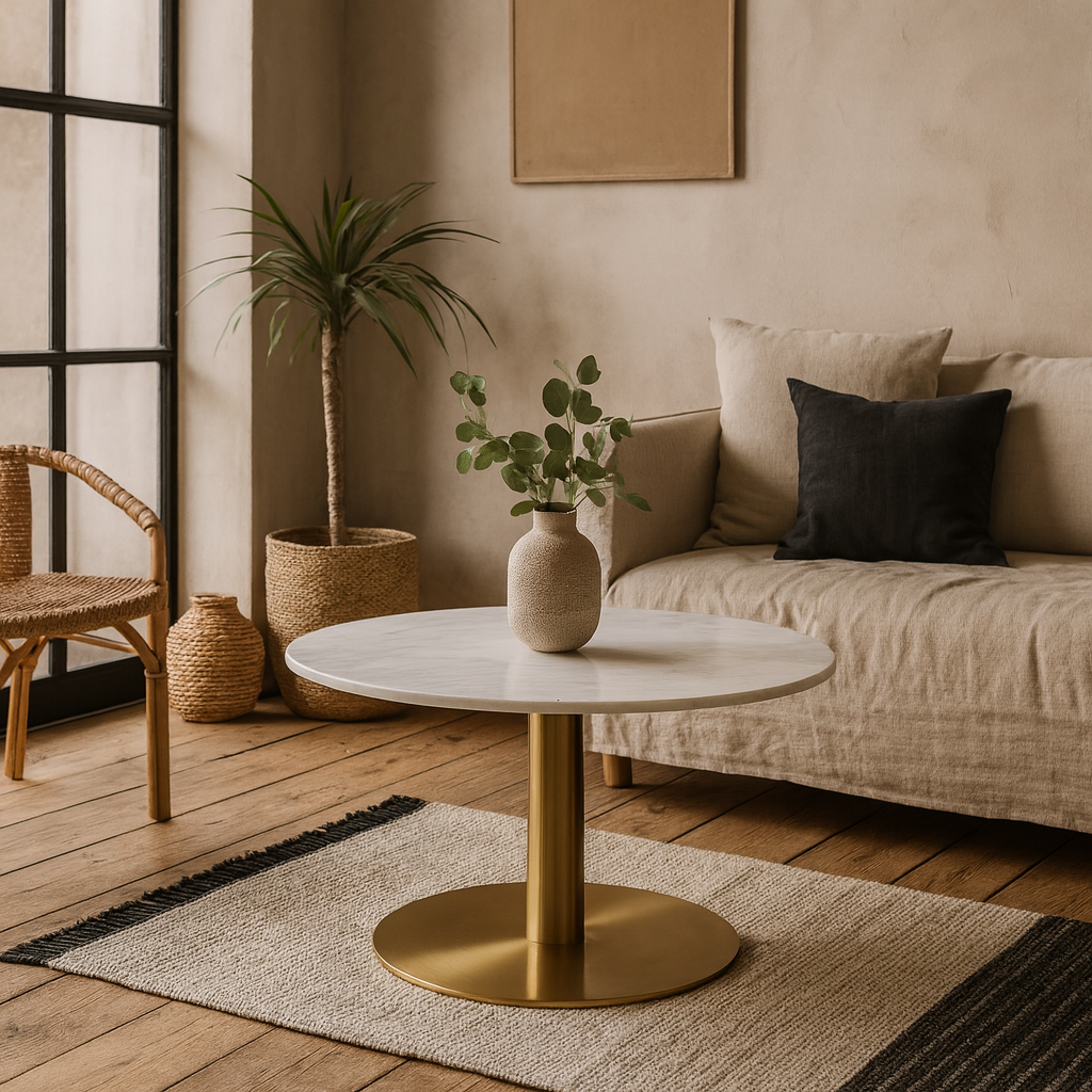 Meadowbloom White Marble Round Coffee Table Gold Metal Base