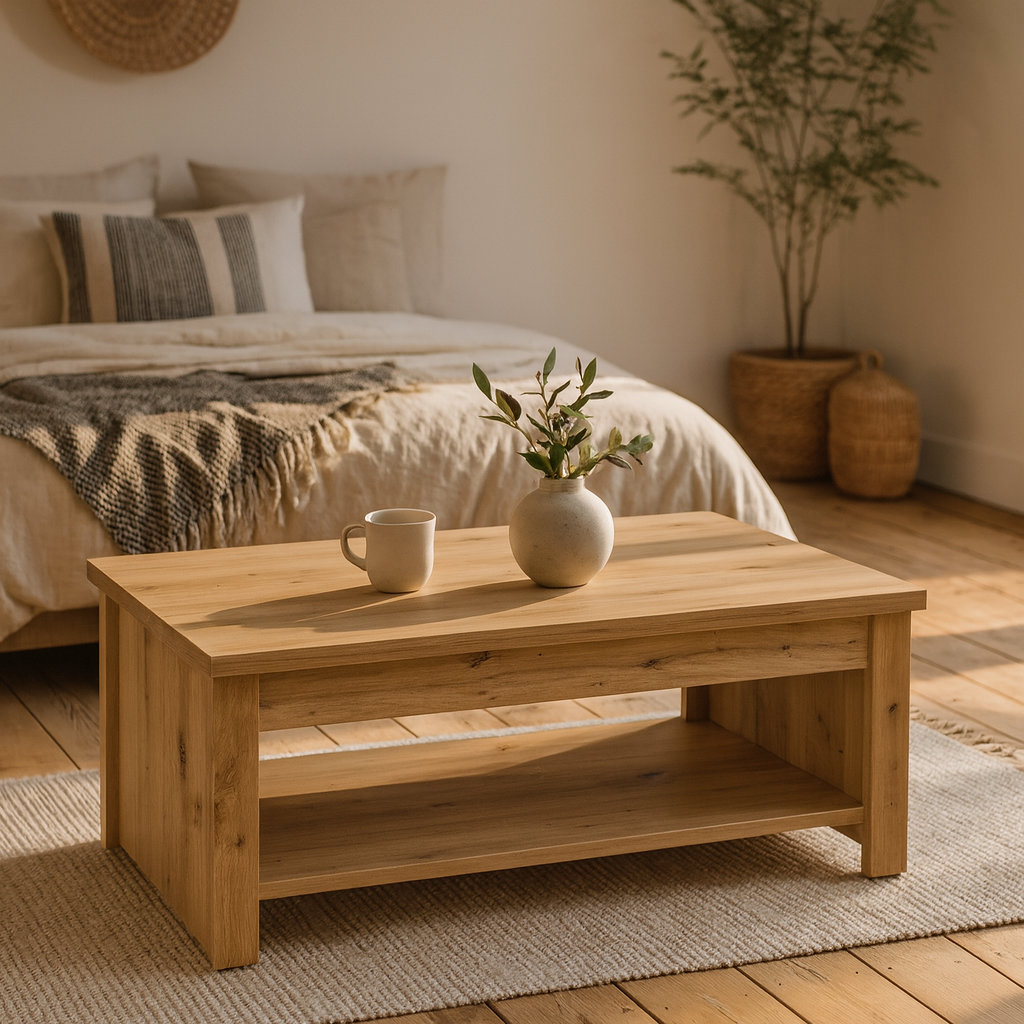 Brimble Artisan Oak Wood Rising Coffee Table Bottom Shelf