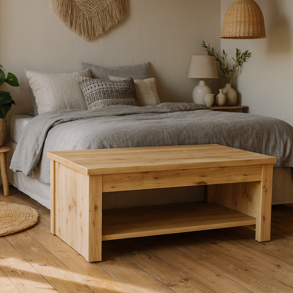 Brimble Artisan Oak Wood Rising Coffee Table Bottom Shelf