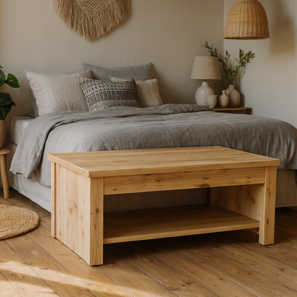 Brimble Artisan Oak Wood Rising Coffee Table Bottom Shelf