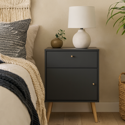 Quietbloom Dark Grey Wooden Bedside Table 1 Door 1 Drawer