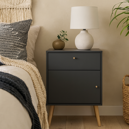 Quietbloom Dark Grey Wooden Bedside Table 1 Door 1 Drawer