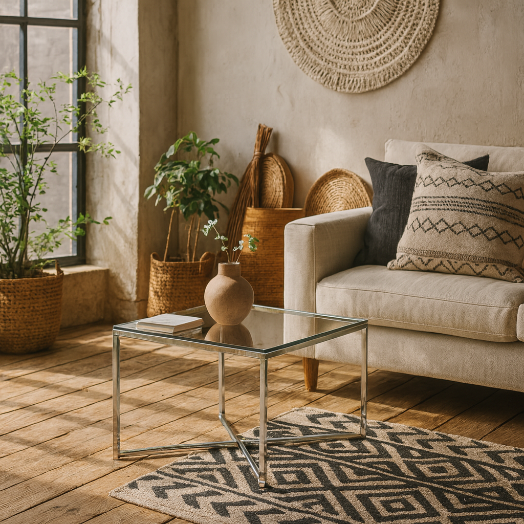 Oakfern Square Silver Metal Side Table Glass Top