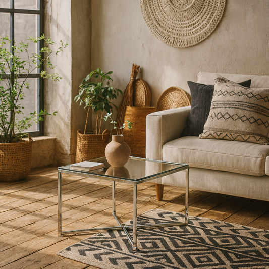 Oakfern Square Silver Metal Side Table Glass Top