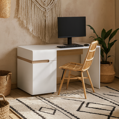 Foxwhisk Desk Table White and Truffle Oak Wood 1 Drawer 1 Door