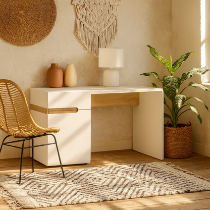 Foxwhisk Desk Table White and Truffle Oak Wood 1 Drawer 1 Door