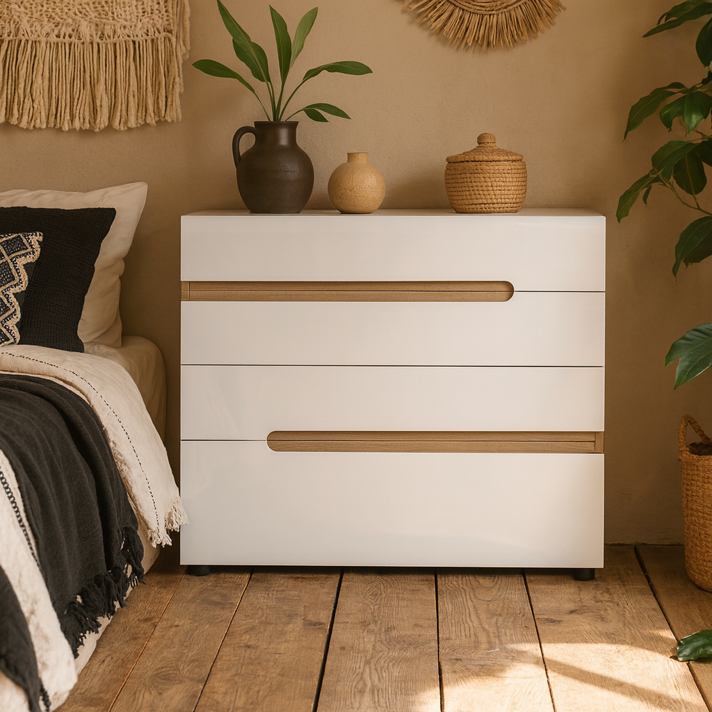 Foxwhisk 4 Drawer Chest White and Truffle Oak Wood