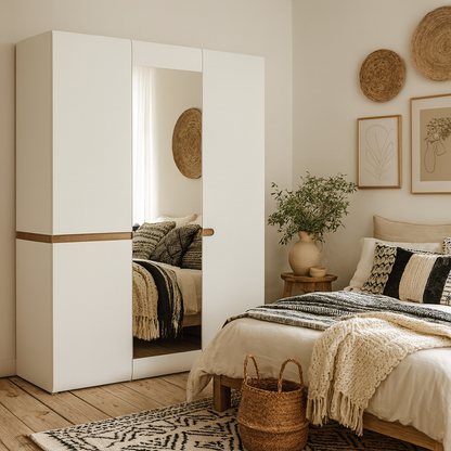 Foxwhisk White and Truffle Oak Wood 3 Door Wardrobe with Mirror