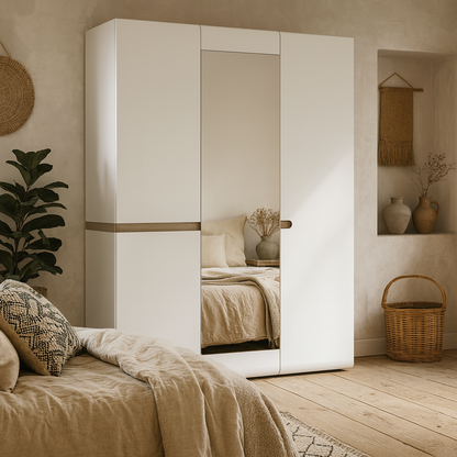 Foxwhisk White and Truffle Oak Wood 3 Door Wardrobe with Mirror