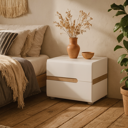 Foxwhisk White and Truffle Oak Wood 2 Drawer Bedside Table