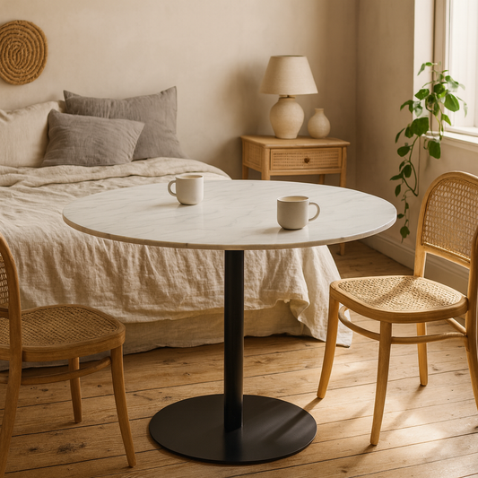 Meadowbloom White Polished Marble Round Dining Table Black Metal Base