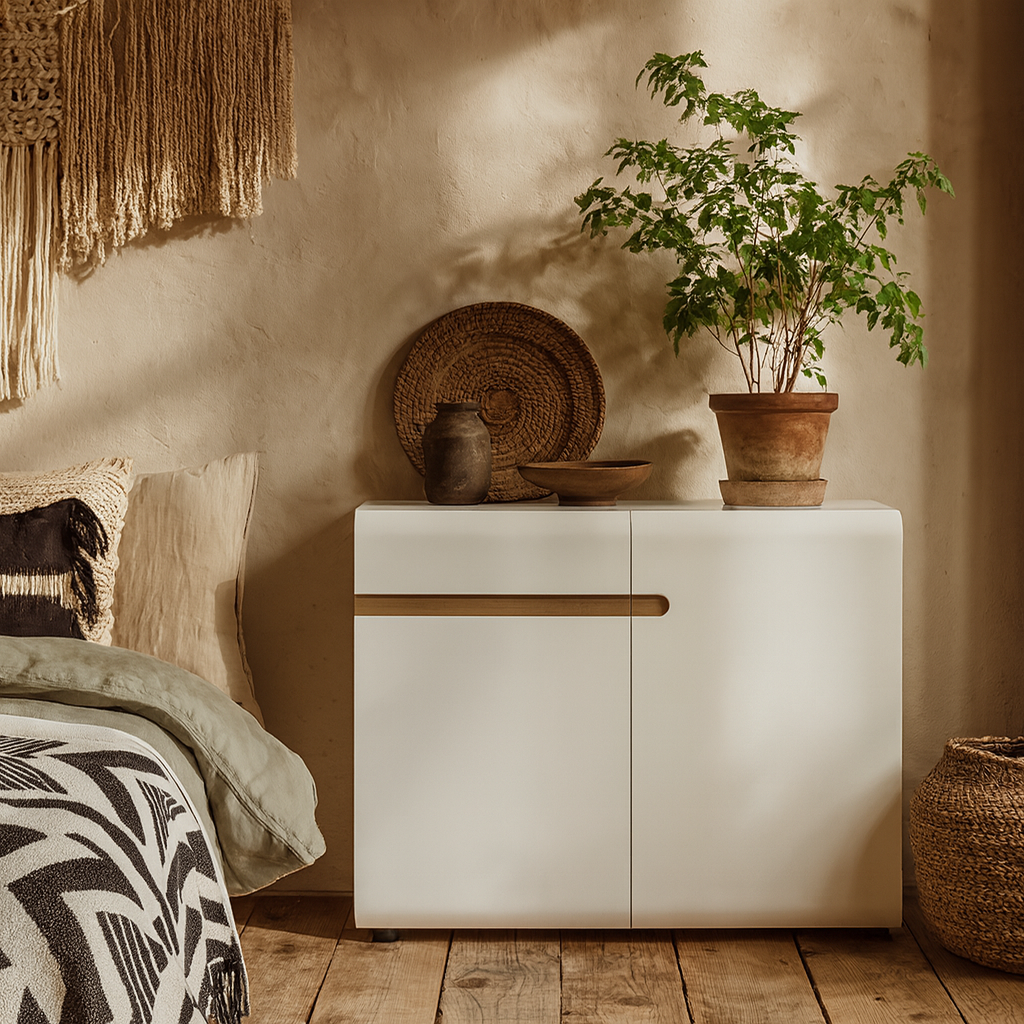 Foxwhisk White and Truffle Oak Wood 1 Drawer 2 Door Sideboard