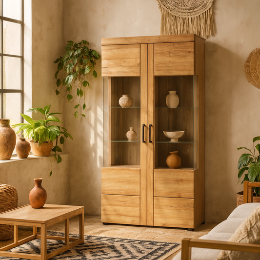 Larkwood Tall Wide 2 Door Glazed Grandson Oak Wood Display Cabinet
