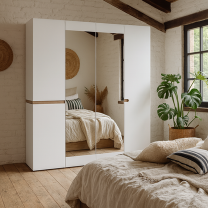 Foxwhisk White and Truffle Oak Wood 4 Door Wardrobe with Mirrors