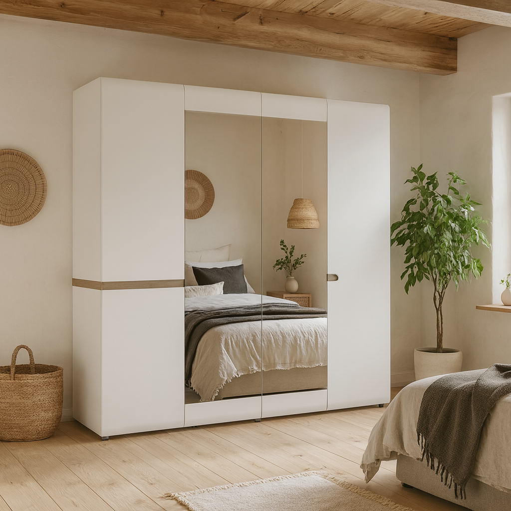 Foxwhisk White and Truffle Oak Wood 4 Door Wardrobe with Mirrors