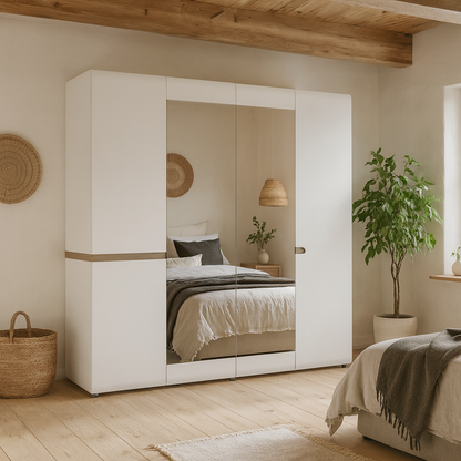 Foxwhisk White and Truffle Oak Wood 4 Door Wardrobe with Mirrors