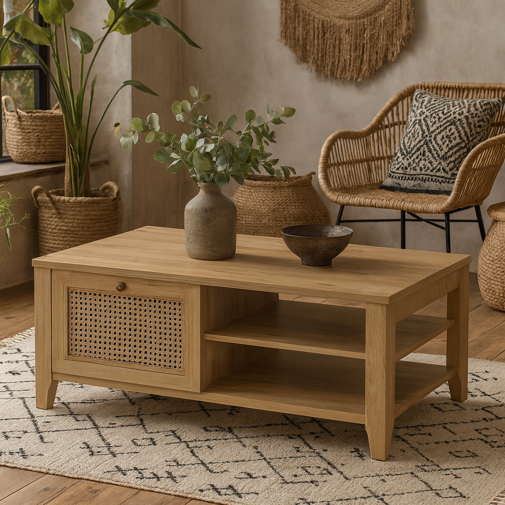 Monza Natural Oak Wood and Rattan Coffee Table with 1 Drawer