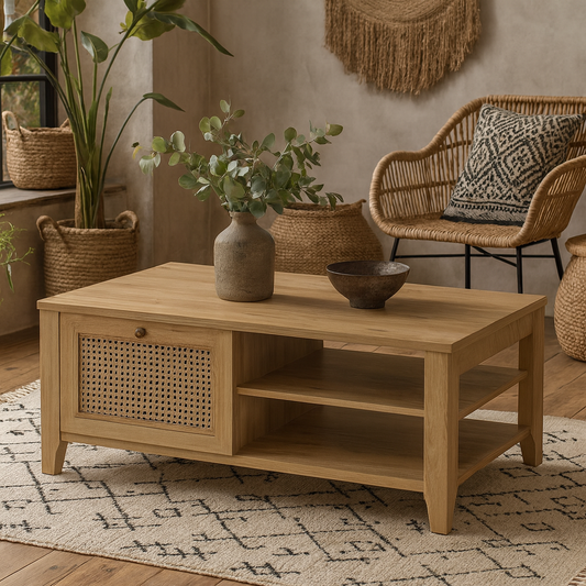 Monza Natural Oak Wood and Rattan Coffee Table with 1 Drawer