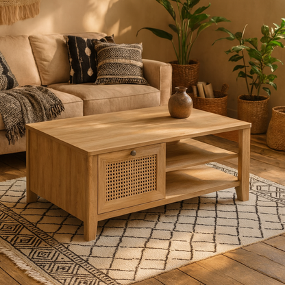 Monza Natural Oak Wood and Rattan Coffee Table with 1 Drawer