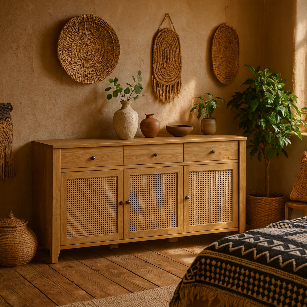 Monza Natural Oak Wood and Rattan Sideboard 3 Door 3 Drawer