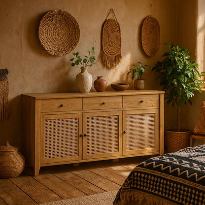 Monza Natural Oak Wood and Rattan Sideboard 3 Door 3 Drawer