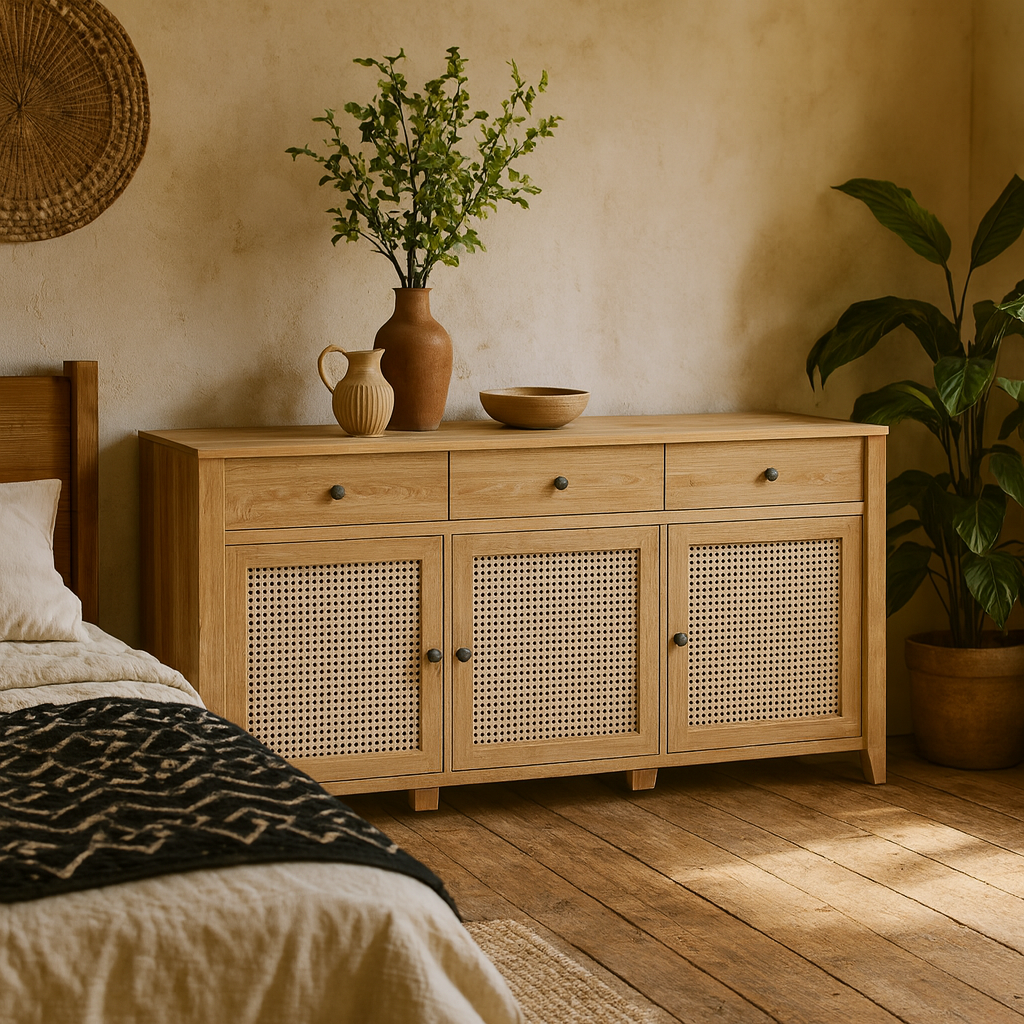 Monza Natural Oak Wood and Rattan Sideboard 3 Door 3 Drawer