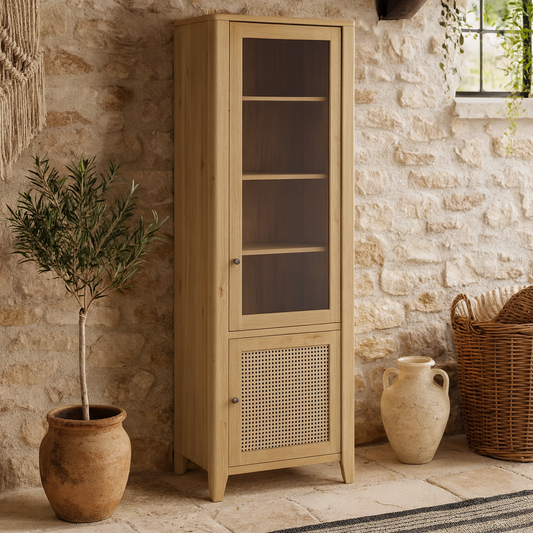 Monza Tall Natural Oak Wood and Rattan 2 Door Display Cabinet