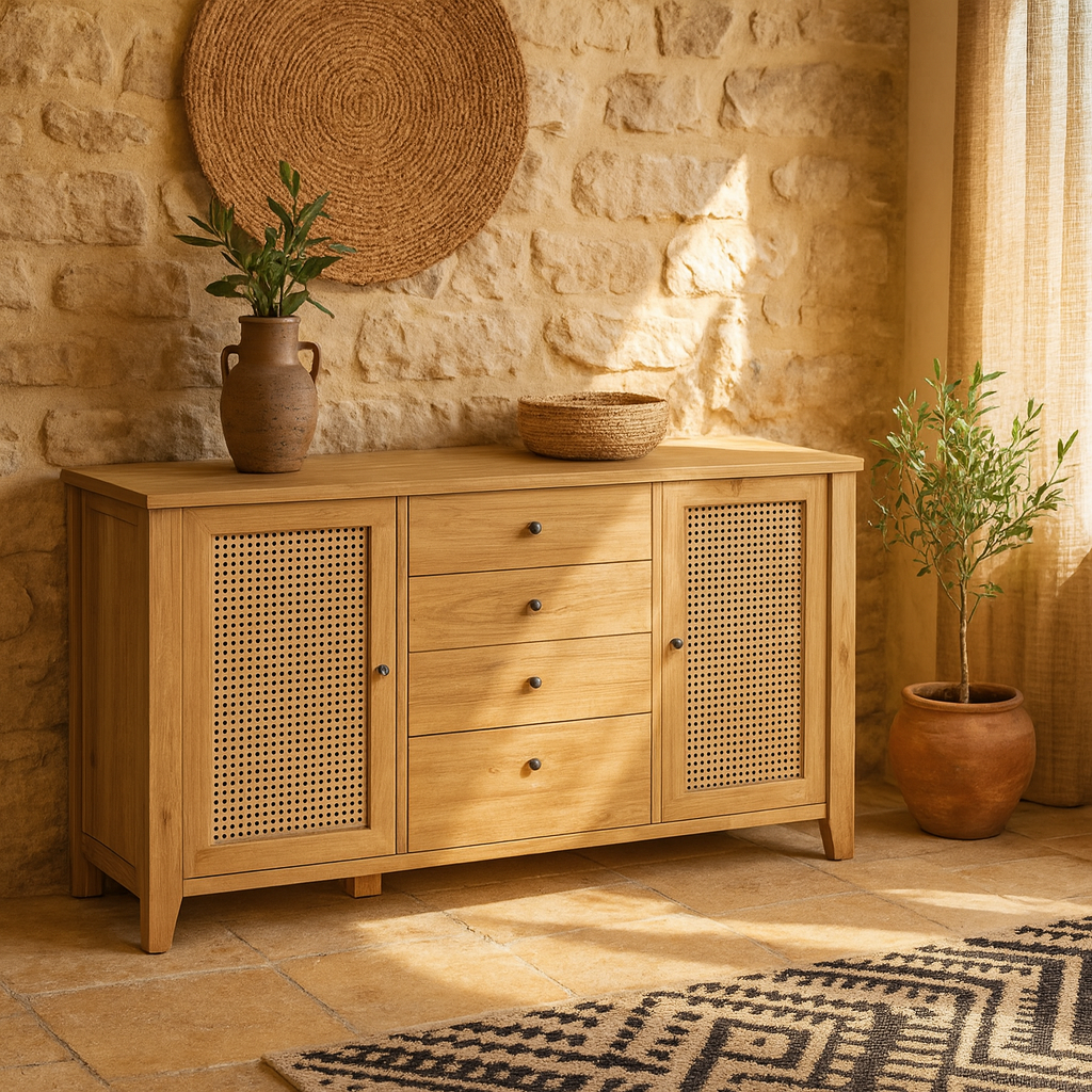 Monza Natural Oak Wood and Rattan 2 Door 4 Drawer Sideboard