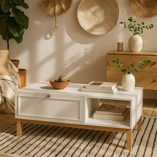 Pebblewick White 1 Drawer Coffee Table Oak Wood Legs