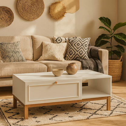 Pebblewick White 1 Drawer Coffee Table Oak Wood Legs