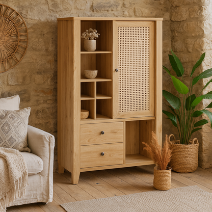 Monza Natural Oak Wood and Rattan 1 Door 2 Drawer Cabinet