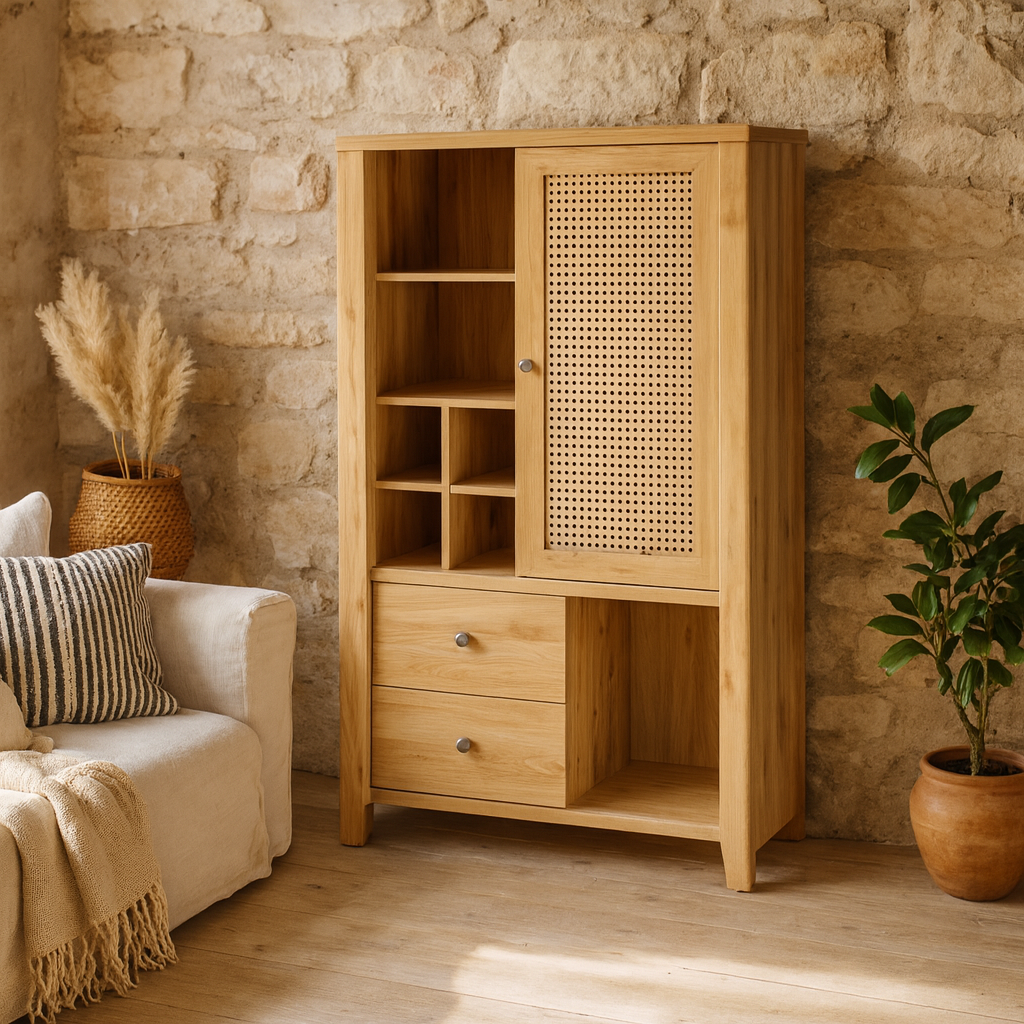 Monza Natural Oak Wood and Rattan 1 Door 2 Drawer Cabinet