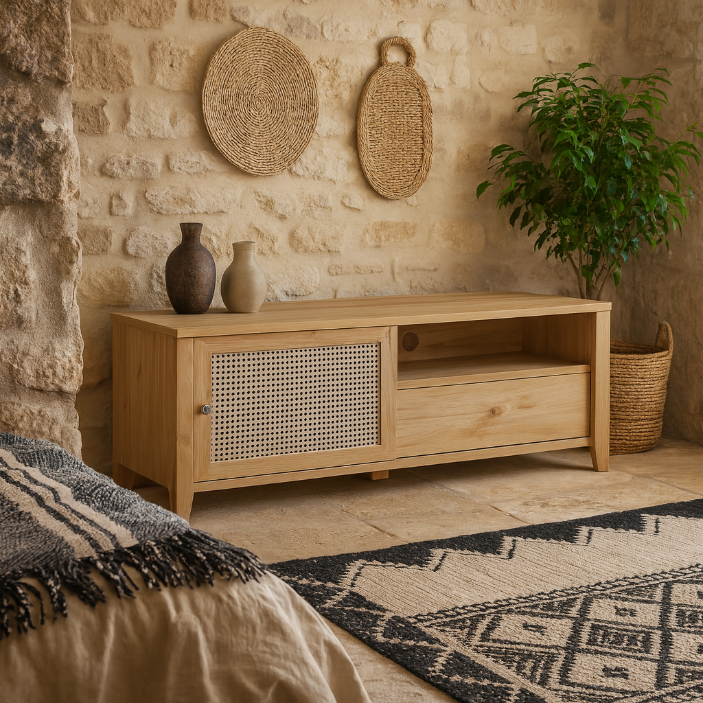 Monza Natural Oak Wood and Rattan 1 Door 1 Drawer TV Unit