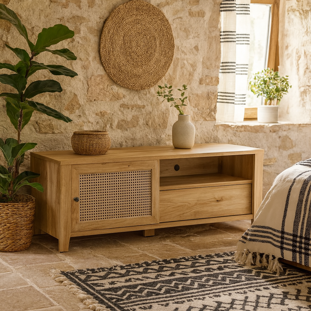 Monza Natural Oak Wood and Rattan 1 Door 1 Drawer TV Unit