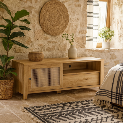 Monza Natural Oak Wood and Rattan 1 Door 1 Drawer TV Unit